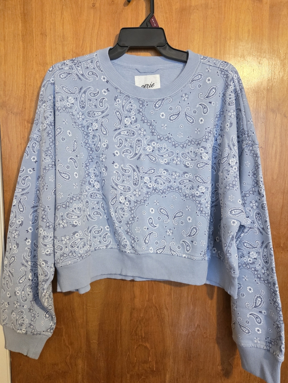 Aerie Light Blue Paisley Print Women's Crewneck Sweatshirt-Cropped